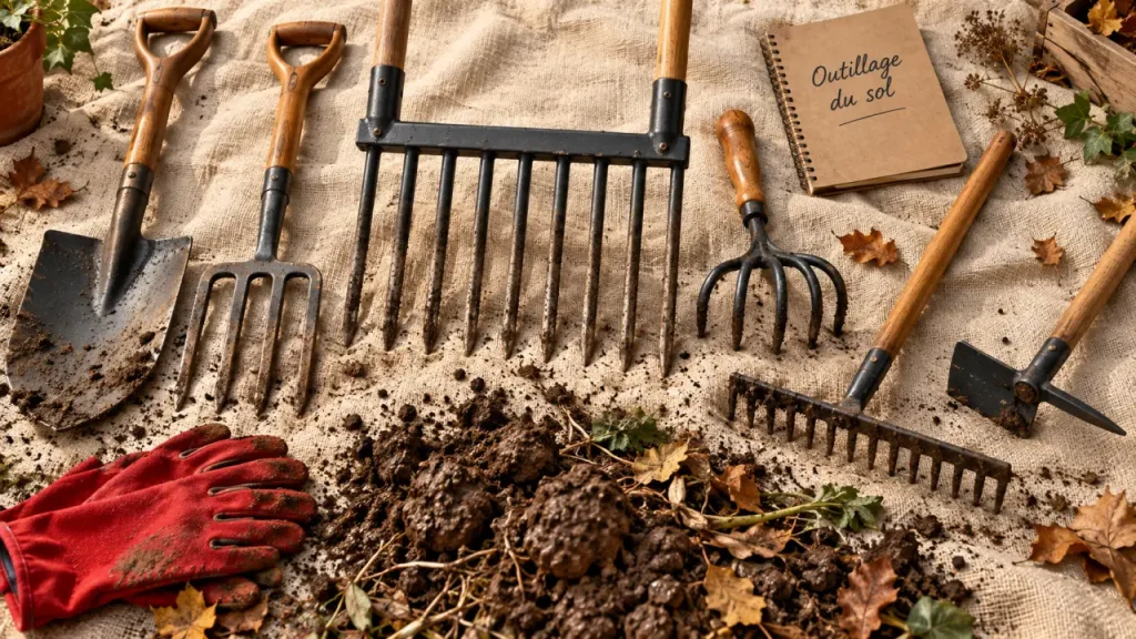 Matériel pour le jardinage : bêche et grelinette pour sol argileux