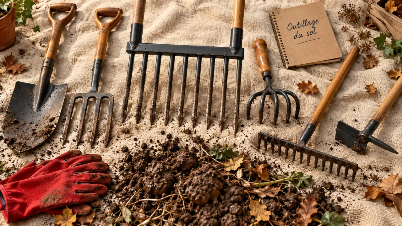 Matériel pour le jardinage : bêche et grelinette pour sol argileux