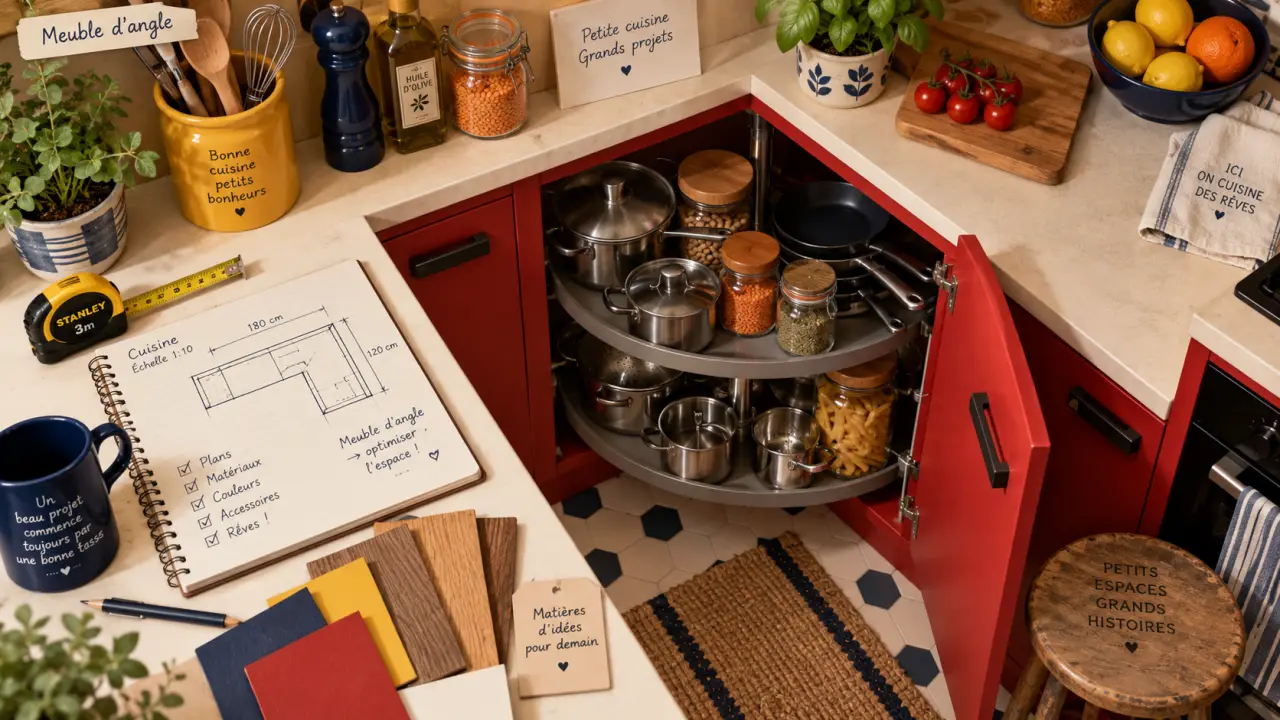 Meuble d’angle cuisine avec porte ouverte : accès facile