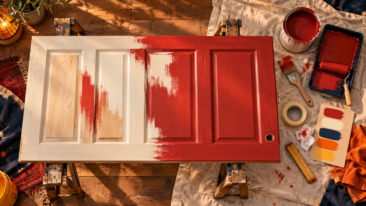 Quelle peinture pour porte intérieure : porte bois peinte, pot acrylique satinée et outils