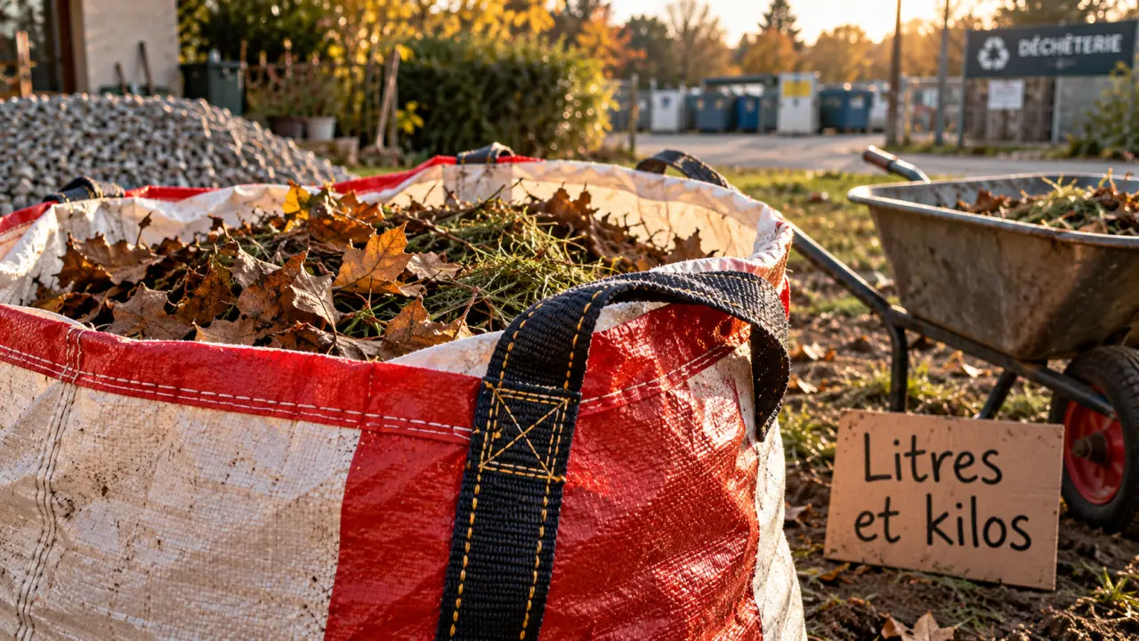 Sac de jardinage ouvert : vérifiez litres et kilos, charge et volume.